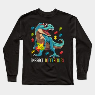 Dinosaur Embrace Differences Autism Awareness Gift Boy Kids Long Sleeve T-Shirt